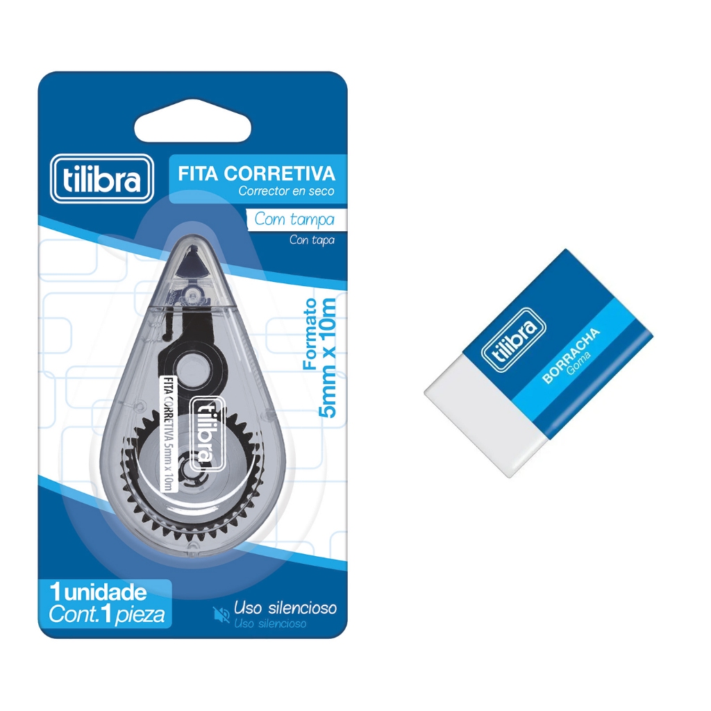 corretivo em fita - Corretivo Tilibra em Fita 10 metros Preto + Borracha Tilibra Pequena