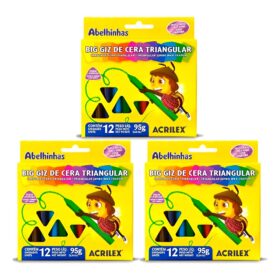 Gizão De Cera 12 Cores Kit C/ 3 Acrilex Big Triangular