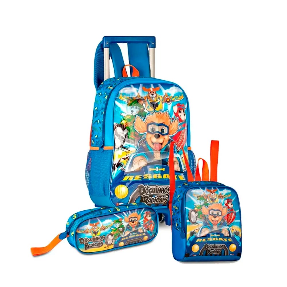 Mochila de Rodinha Lancheira Estojo Doguinhos Radicais Clio